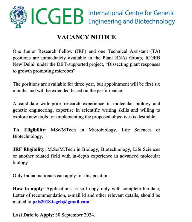 Job Openings at ICGEB: JRF and Technical Assistant Positions Available