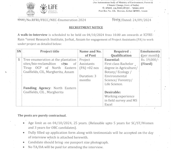 Walk-in Interview: Project Assistants Job at ICFRI, Jorhat