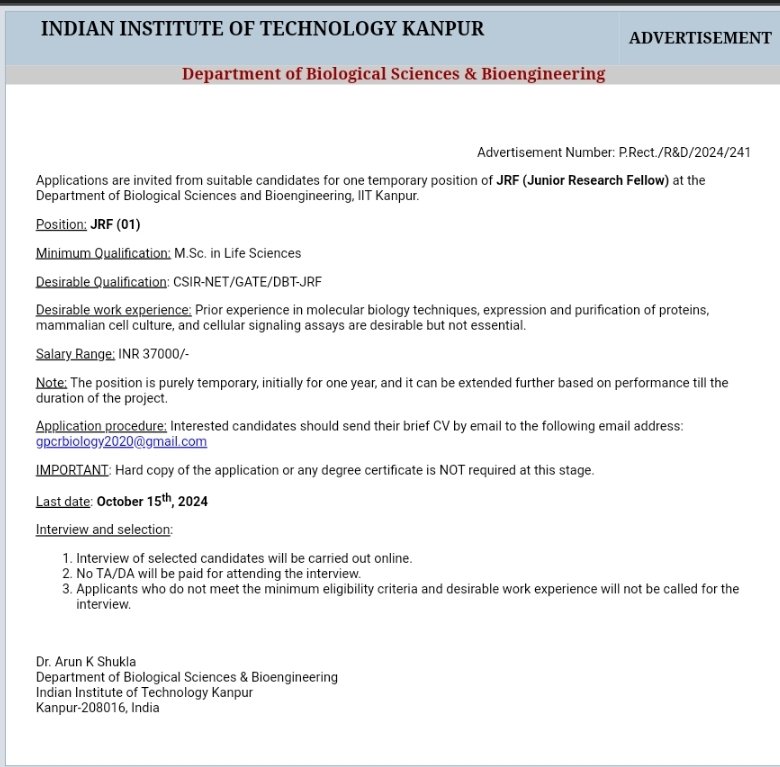 Exciting JRF Opportunity at IIT Kanpur for Life Sciences Graduates